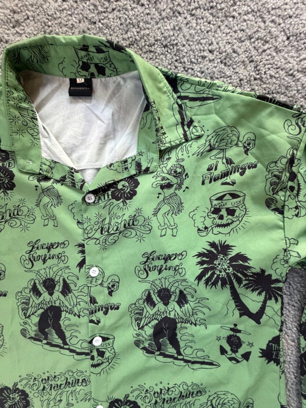 RFAUSNTIY Green Tattoo Print Lucifer Surfing Hawaiian Shirt Sz M 3/4 Sleeve -EUC - Picture 3 of 11